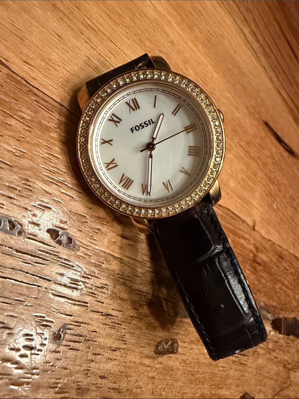 Fossil Rose Gold Crystal Bezel Watch with Black Strap